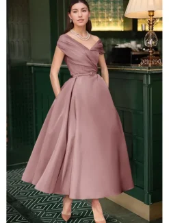 Beach Wedding A-Line Cocktail Dresses Elegant Dress Wedding Guest Summer Ankle Length Sleeveless Off Shoulder Fall Wedding Guest Satin with Ruched Dresses