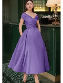 Beach Wedding A-Line Cocktail Dresses Elegant Dress Wedding Guest Summer Ankle Length Sleeveless Off Shoulder Fall Wedding Guest Satin with Ruched Dresses