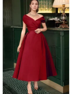Beach Wedding A-Line Cocktail Dresses Elegant Dress Wedding Guest Summer Ankle Length Sleeveless Off Shoulder Fall Wedding Guest Satin with Ruched Dresses