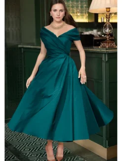 Beach Wedding A-Line Cocktail Dresses Elegant Dress Wedding Guest Summer Ankle Length Sleeveless Off Shoulder Fall Wedding Guest Satin with Ruched Dresses