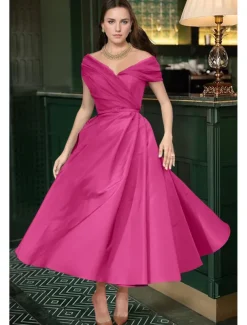 Beach Wedding A-Line Cocktail Dresses Elegant Dress Wedding Guest Summer Ankle Length Sleeveless Off Shoulder Fall Wedding Guest Satin with Ruched Dresses