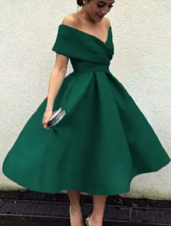 Beach Wedding A-Line Cocktail Dresses Elegant Dress Wedding Guest Homecoming Tea Length Short Sleeve V Neck Stretch Fabric V Back with Pleats Dresses