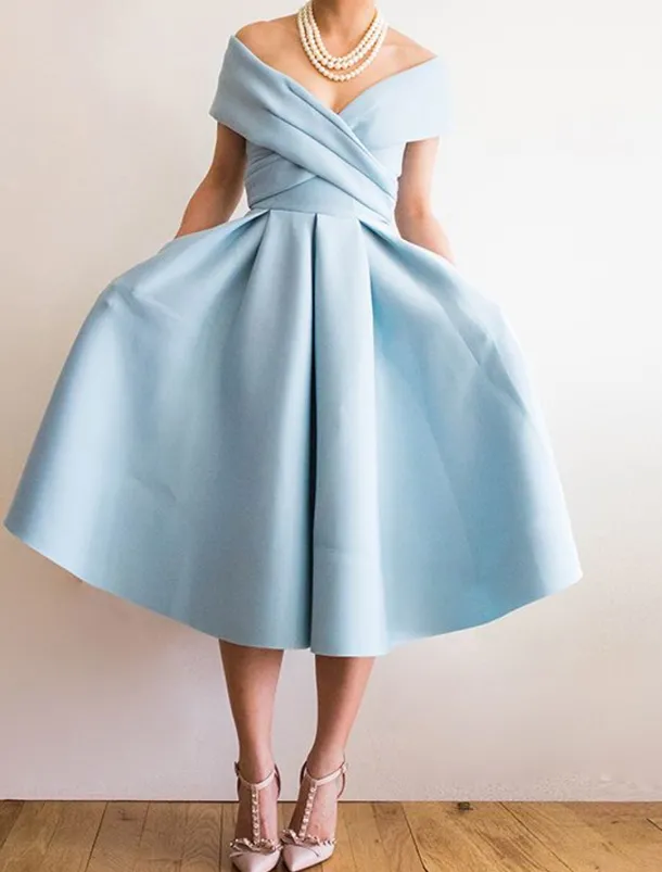 Beach Wedding A-Line Cocktail Dresses Elegant Dress Wedding Guest Homecoming Tea Length Short Sleeve V Neck Stretch Fabric V Back with Pleats Dresses