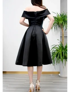 Beach Wedding A-Line Cocktail Dresses Elegant Dress Wedding Guest Homecoming Tea Length Short Sleeve V Neck Stretch Fabric V Back with Pleats Dresses