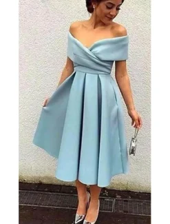 Beach Wedding A-Line Cocktail Dresses Elegant Dress Wedding Guest Homecoming Tea Length Short Sleeve V Neck Stretch Fabric V Back with Pleats Dresses