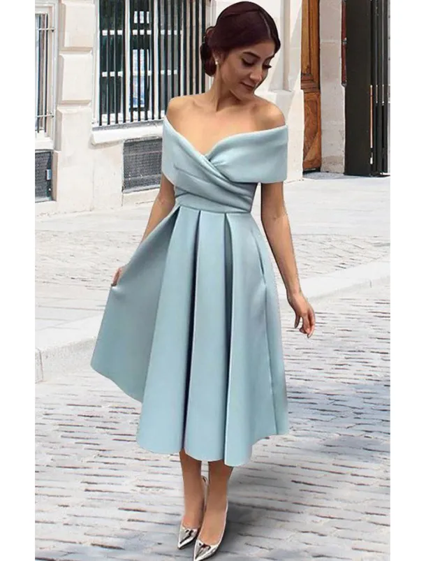 Beach Wedding A-Line Cocktail Dresses Elegant Dress Wedding Guest Homecoming Tea Length Short Sleeve V Neck Stretch Fabric V Back with Pleats Dresses