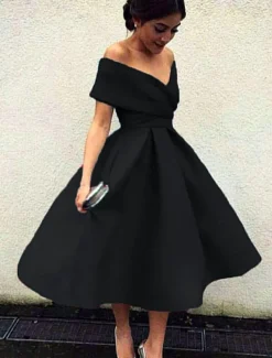 Beach Wedding A-Line Cocktail Dresses Elegant Dress Wedding Guest Homecoming Tea Length Short Sleeve V Neck Stretch Fabric V Back with Pleats Dresses