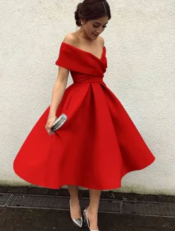 Beach Wedding A-Line Cocktail Dresses Elegant Dress Wedding Guest Homecoming Tea Length Short Sleeve V Neck Stretch Fabric V Back with Pleats Dresses