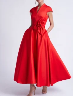 Beach Wedding A-Line Cocktail Dresses Elegant Dress Party Tea Length Sleeveless V Neck Pocket Satin with Bow(s) Dresses