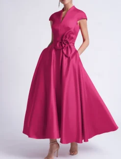 Beach Wedding A-Line Cocktail Dresses Elegant Dress Party Tea Length Sleeveless V Neck Pocket Satin with Bow(s) Dresses