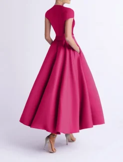 Beach Wedding A-Line Cocktail Dresses Elegant Dress Party Tea Length Sleeveless V Neck Pocket Satin with Bow(s) Dresses