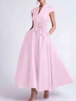 Beach Wedding A-Line Cocktail Dresses Elegant Dress Party Tea Length Sleeveless V Neck Pocket Satin with Bow(s) Dresses