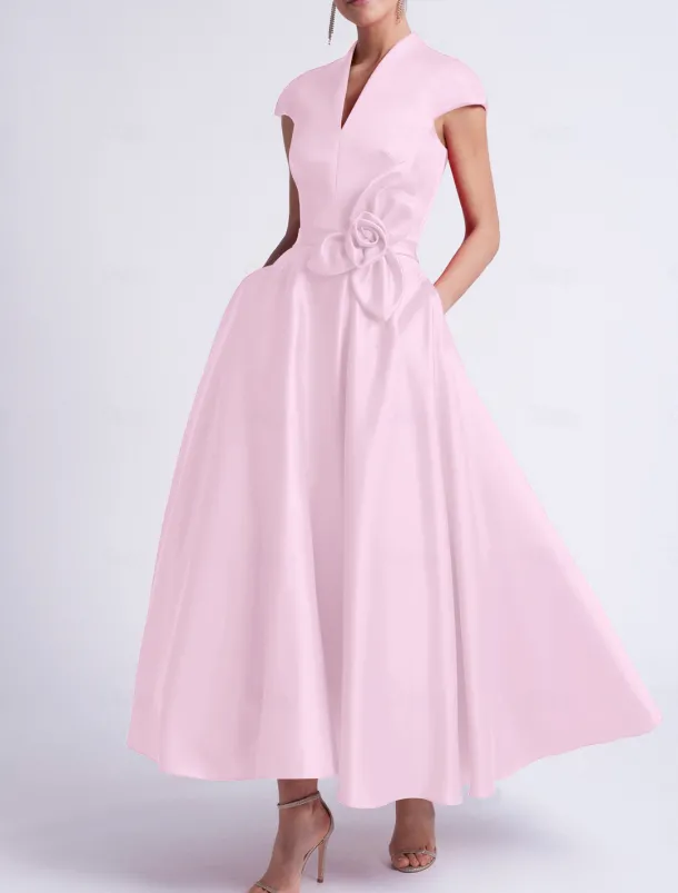 Beach Wedding A-Line Cocktail Dresses Elegant Dress Party Tea Length Sleeveless V Neck Pocket Satin with Bow(s) Dresses