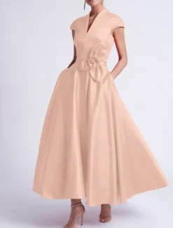 Beach Wedding A-Line Cocktail Dresses Elegant Dress Party Tea Length Sleeveless V Neck Pocket Satin with Bow(s) Dresses