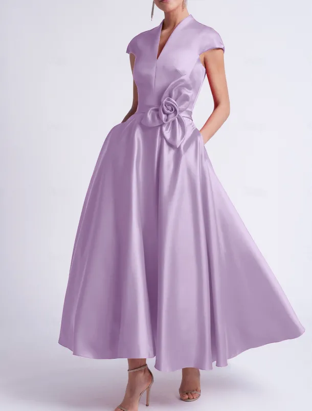 Beach Wedding A-Line Cocktail Dresses Elegant Dress Party Tea Length Sleeveless V Neck Pocket Satin with Bow(s) Dresses