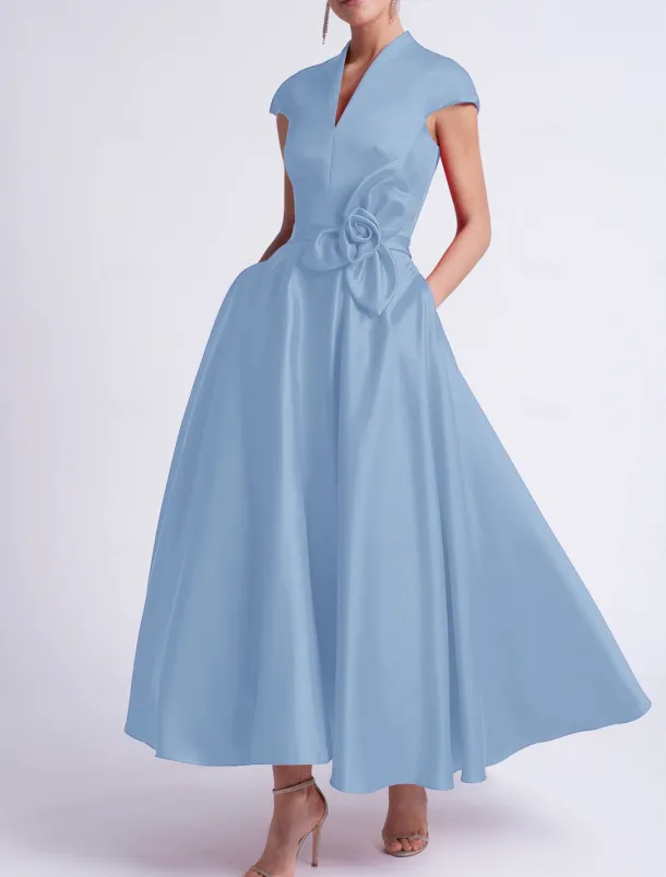Beach Wedding A-Line Cocktail Dresses Elegant Dress Party Tea Length Sleeveless V Neck Pocket Satin with Bow(s) Dresses