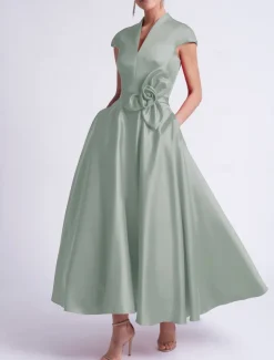 Beach Wedding A-Line Cocktail Dresses Elegant Dress Party Tea Length Sleeveless V Neck Pocket Satin with Bow(s) Dresses