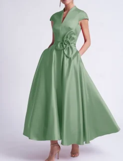 Beach Wedding A-Line Cocktail Dresses Elegant Dress Party Tea Length Sleeveless V Neck Pocket Satin with Bow(s) Dresses