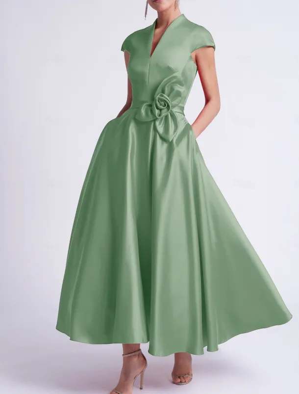 Beach Wedding A-Line Cocktail Dresses Elegant Dress Party Tea Length Sleeveless V Neck Pocket Satin with Bow(s) Dresses