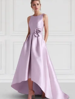 Beach Wedding A-Line Cocktail Dresses Elegant Dress Formal Wedding Guest Floor Length Sleeveless Boat NeckDress Satin with Pocket Dresses