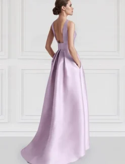 Beach Wedding A-Line Cocktail Dresses Elegant Dress Formal Wedding Guest Floor Length Sleeveless Boat NeckDress Satin with Pocket Dresses