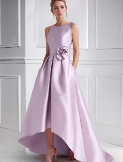 Beach Wedding A-Line Cocktail Dresses Elegant Dress Formal Wedding Guest Floor Length Sleeveless Boat NeckDress Satin with Pocket Dresses