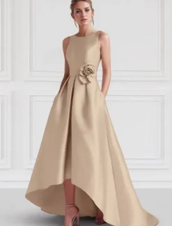 Beach Wedding A-Line Cocktail Dresses Elegant Dress Formal Wedding Guest Floor Length Sleeveless Boat NeckDress Satin with Pocket Dresses