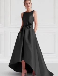 Beach Wedding A-Line Cocktail Dresses Elegant Dress Formal Wedding Guest Floor Length Sleeveless Boat NeckDress Satin with Pocket Dresses