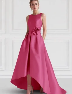 Beach Wedding A-Line Cocktail Dresses Elegant Dress Formal Wedding Guest Floor Length Sleeveless Boat NeckDress Satin with Pocket Dresses
