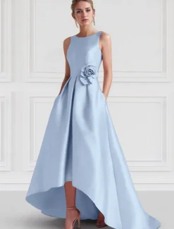 Beach Wedding A-Line Cocktail Dresses Elegant Dress Formal Wedding Guest Floor Length Sleeveless Boat NeckDress Satin with Pocket Dresses