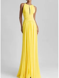 Beach Wedding A-Line Evening Gown Elegant Dress Formal Wedding Guest Floor Length Sleeveless Jewel Neck Chiffon with Rhinestone Glitter Pleats