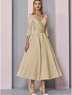 Beach Wedding A-Line Gold Dresses Mother of the Bride Dress Wedding Guest Elegant Vintage Plus Size V Neck Tea Length Satin 3/4 Length Sleeve with Pleats dress to impress free custom size