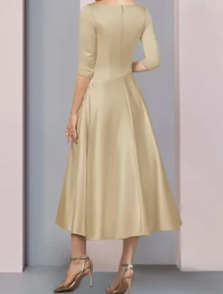 Beach Wedding A-Line Gold Dresses Mother of the Bride Dress Wedding Guest Elegant Vintage Plus Size V Neck Tea Length Satin 3/4 Length Sleeve with Pleats dress to impress free custom size