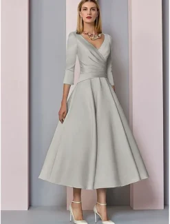 Beach Wedding A-Line Gold Dresses Mother of the Bride Dress Wedding Guest Elegant Vintage Plus Size V Neck Tea Length Satin 3/4 Length Sleeve with Pleats dress to impress free custom size