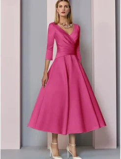 Beach Wedding A-Line Gold Dresses Mother of the Bride Dress Wedding Guest Elegant Vintage Plus Size V Neck Tea Length Satin 3/4 Length Sleeve with Pleats dress to impress free custom size