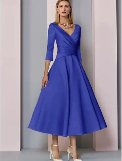 Beach Wedding A-Line Gold Dresses Mother of the Bride Dress Wedding Guest Elegant Vintage Plus Size V Neck Tea Length Satin 3/4 Length Sleeve with Pleats dress to impress free custom size