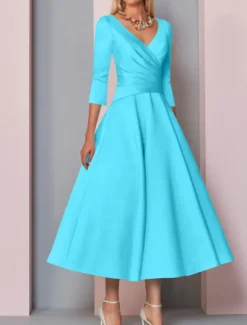 Beach Wedding A-Line Gold Dresses Mother of the Bride Dress Wedding Guest Elegant Vintage Plus Size V Neck Tea Length Satin 3/4 Length Sleeve with Pleats dress to impress free custom size