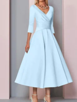 Beach Wedding A-Line Gold Dresses Mother of the Bride Dress Wedding Guest Elegant Vintage Plus Size V Neck Tea Length Satin 3/4 Length Sleeve with Pleats dress to impress free custom size