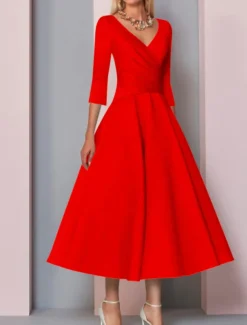 Beach Wedding A-Line Gold Dresses Mother of the Bride Dress Wedding Guest Elegant Vintage Plus Size V Neck Tea Length Satin 3/4 Length Sleeve with Pleats dress to impress free custom size