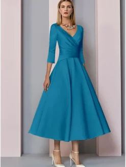 Beach Wedding A-Line Gold Dresses Mother of the Bride Dress Wedding Guest Elegant Vintage Plus Size V Neck Tea Length Satin 3/4 Length Sleeve with Pleats dress to impress free custom size