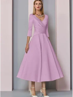 Beach Wedding A-Line Gold Dresses Mother of the Bride Dress Wedding Guest Elegant Vintage Plus Size V Neck Tea Length Satin 3/4 Length Sleeve with Pleats dress to impress free custom size