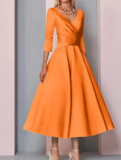 Beach Wedding A-Line Gold Dresses Mother of the Bride Dress Wedding Guest Elegant Vintage Plus Size V Neck Tea Length Satin 3/4 Length Sleeve with Pleats dress to impress free custom size