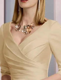 Beach Wedding A-Line Gold Dresses Mother of the Bride Dress Wedding Guest Elegant Vintage Plus Size V Neck Tea Length Satin 3/4 Length Sleeve with Pleats dress to impress free custom size