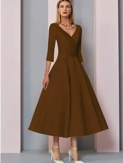 Beach Wedding A-Line Gold Dresses Mother of the Bride Dress Wedding Guest Elegant Vintage Plus Size V Neck Tea Length Satin 3/4 Length Sleeve with Pleats dress to impress free custom size