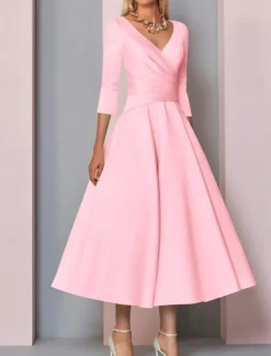 Beach Wedding A-Line Gold Dresses Mother of the Bride Dress Wedding Guest Elegant Vintage Plus Size V Neck Tea Length Satin 3/4 Length Sleeve with Pleats dress to impress free custom size