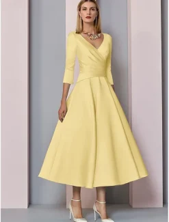 Beach Wedding A-Line Gold Dresses Mother of the Bride Dress Wedding Guest Elegant Vintage Plus Size V Neck Tea Length Satin 3/4 Length Sleeve with Pleats dress to impress free custom size