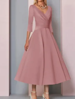 Beach Wedding A-Line Gold Dresses Mother of the Bride Dress Wedding Guest Elegant Vintage Plus Size V Neck Tea Length Satin 3/4 Length Sleeve with Pleats dress to impress free custom size