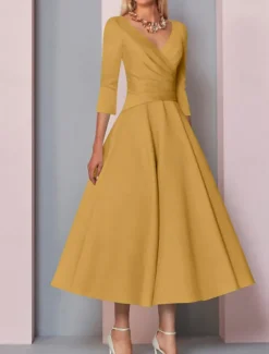 Beach Wedding A-Line Gold Dresses Mother of the Bride Dress Wedding Guest Elegant Vintage Plus Size V Neck Tea Length Satin 3/4 Length Sleeve with Pleats dress to impress free custom size