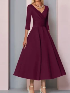 Beach Wedding A-Line Gold Dresses Mother of the Bride Dress Wedding Guest Elegant Vintage Plus Size V Neck Tea Length Satin 3/4 Length Sleeve with Pleats dress to impress free custom size