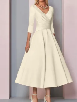 Beach Wedding A-Line Gold Dresses Mother of the Bride Dress Wedding Guest Elegant Vintage Plus Size V Neck Tea Length Satin 3/4 Length Sleeve with Pleats dress to impress free custom size